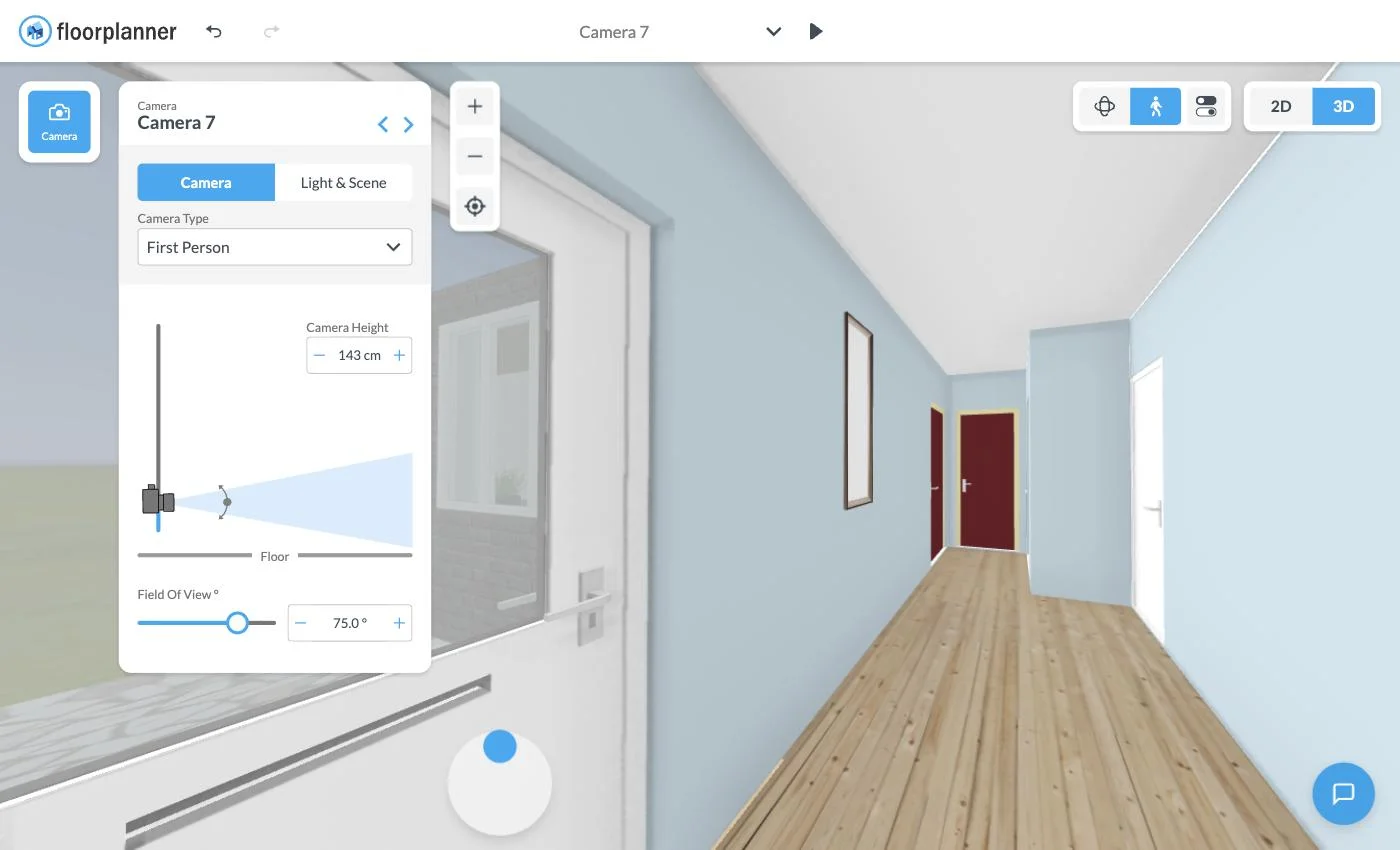 Floorplanner 3D walkthrough view used to preview a layout at eye level