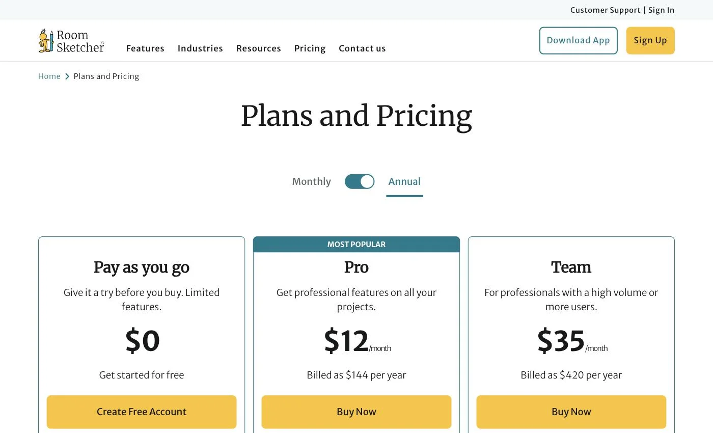 RoomSketcher pricing page listing Pay as you go, Pro at $12 per month, and Team at $35 per month