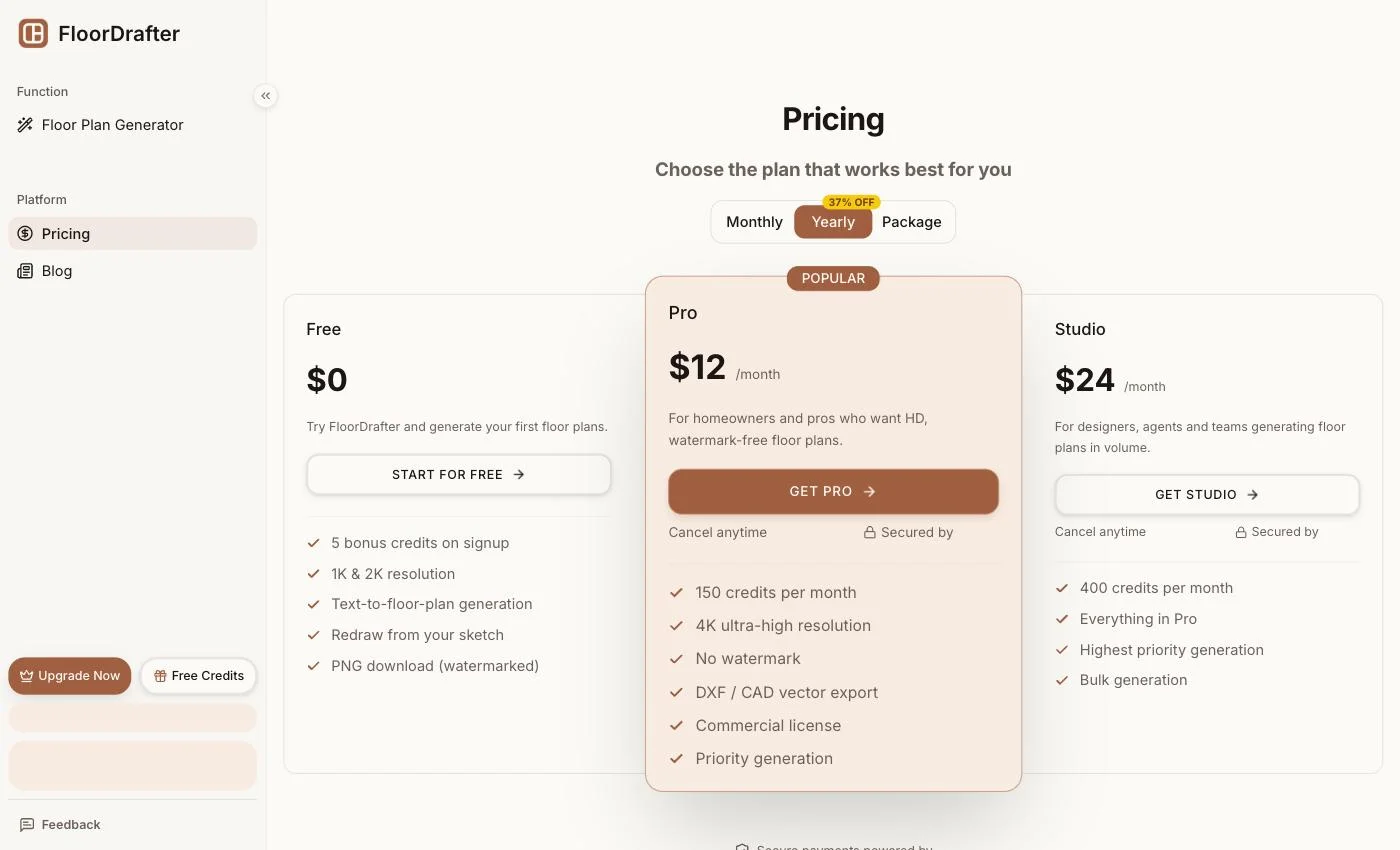 FloorDrafter pricing page showing the Free, Pro at $12 per month, and Studio at $24 per month tiers