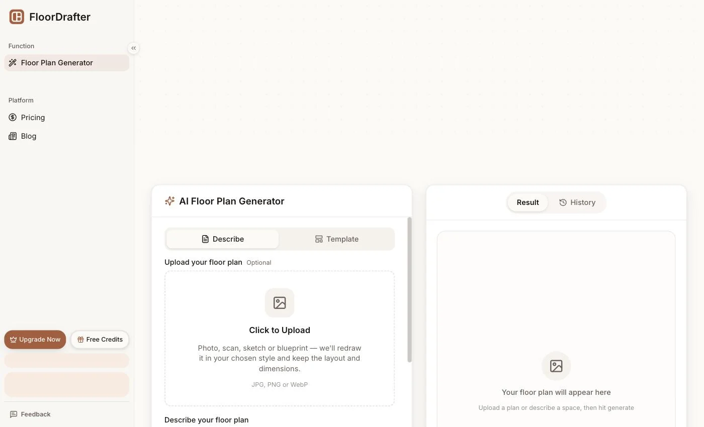 FloorDrafter homepage with the prompt box and upload area for generating a floor plan