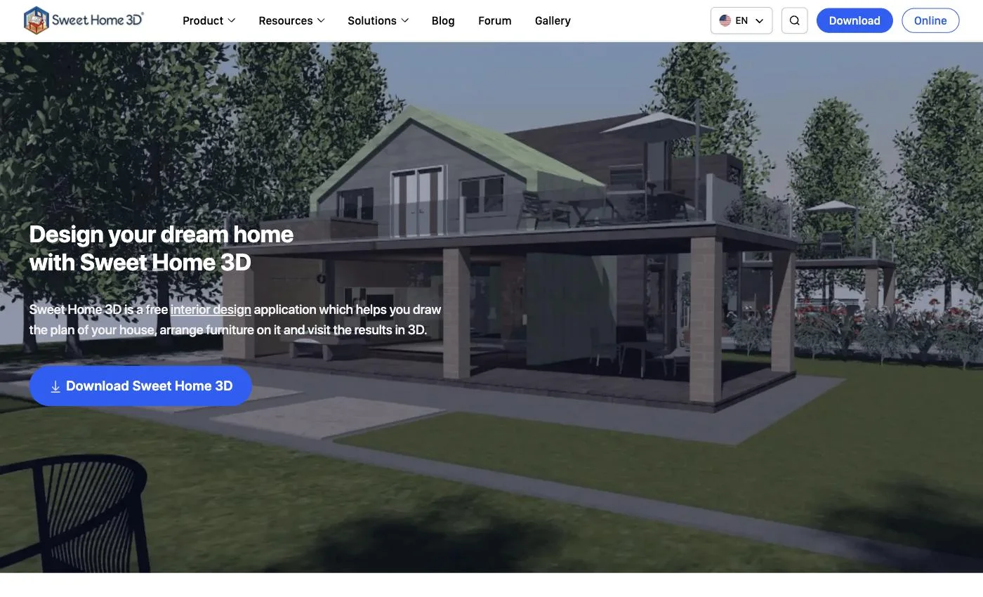 Sweet Home 3D website home page for the free open-source interior design application