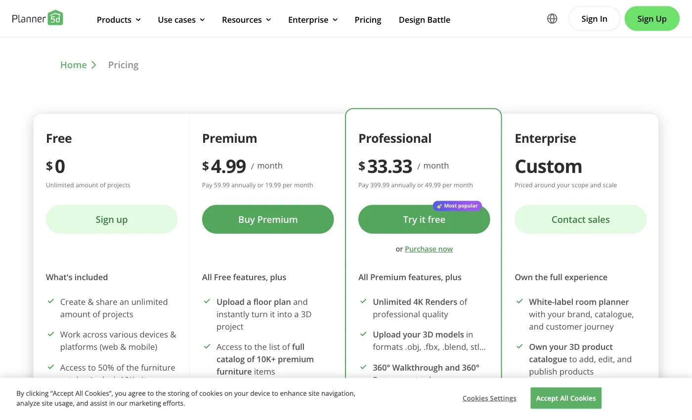 Planner 5D pricing page showing Free, Premium at $4.99 per month, and Professional at $33.33 per month