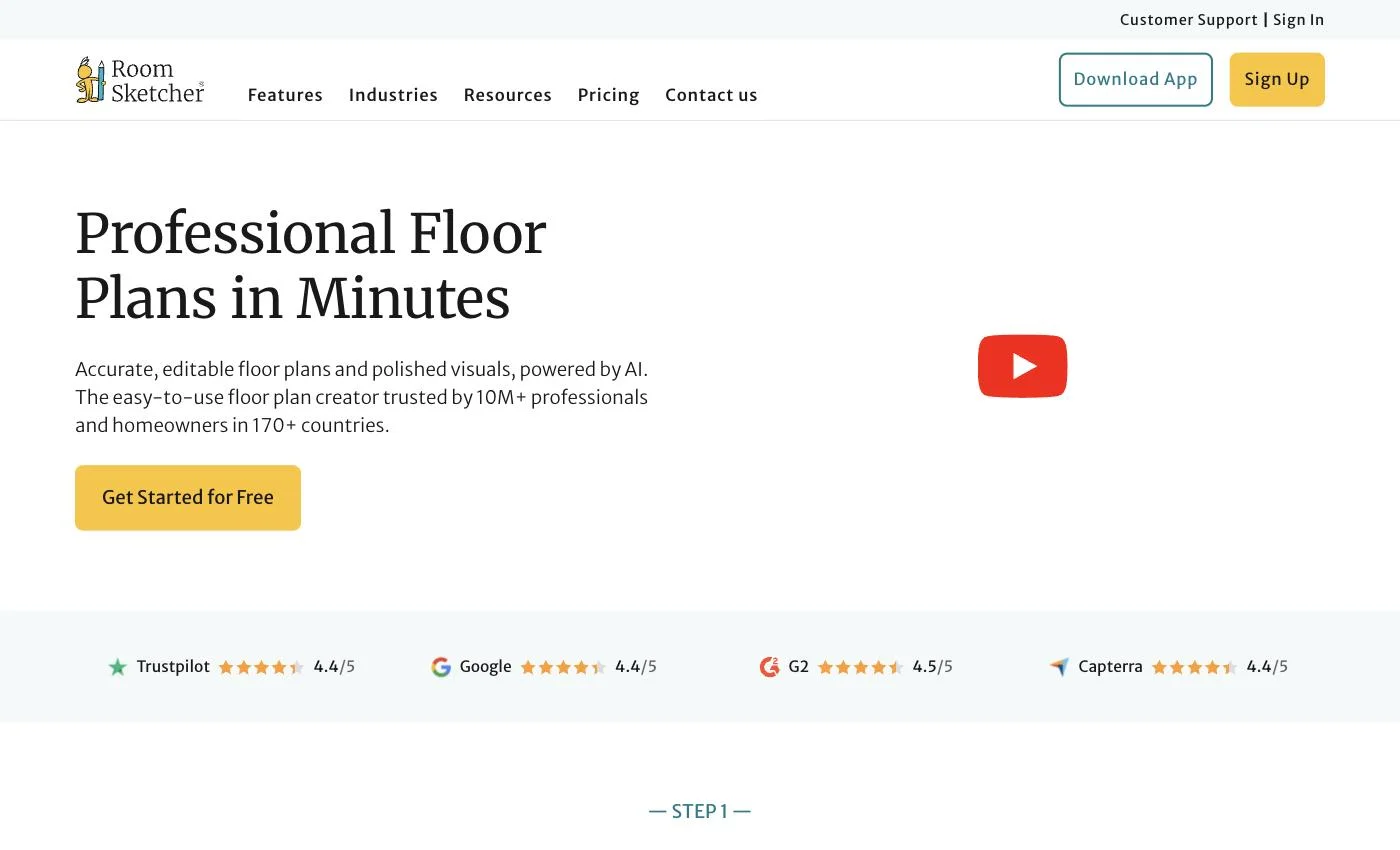 RoomSketcher homepage presenting its 2D and 3D floor plan product