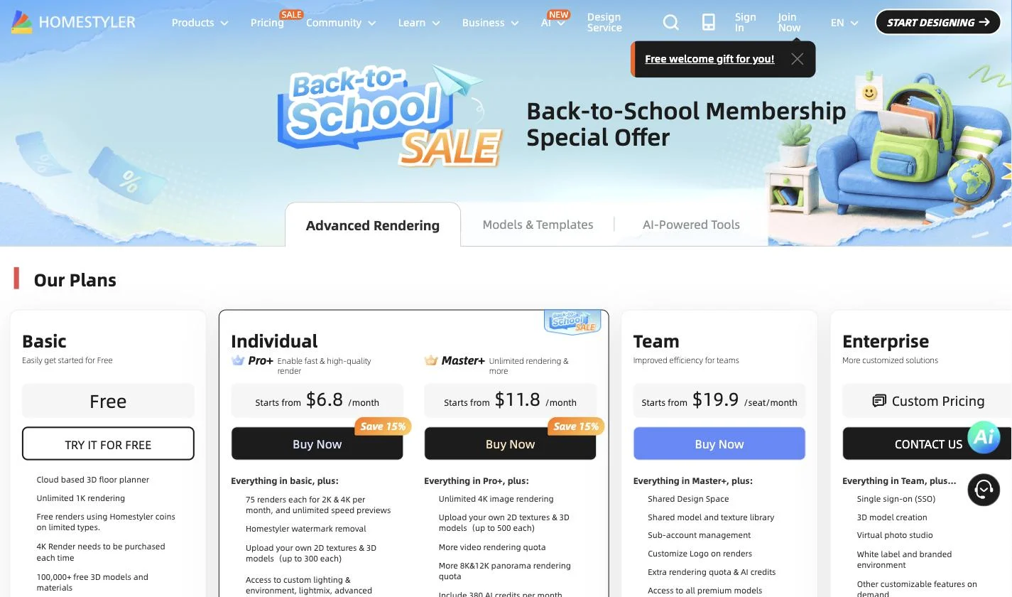 Homestyler pricing page showing Basic free, Pro+ from $6.80 per month, Master+ from $11.80 per month and Team at $19.90 per seat