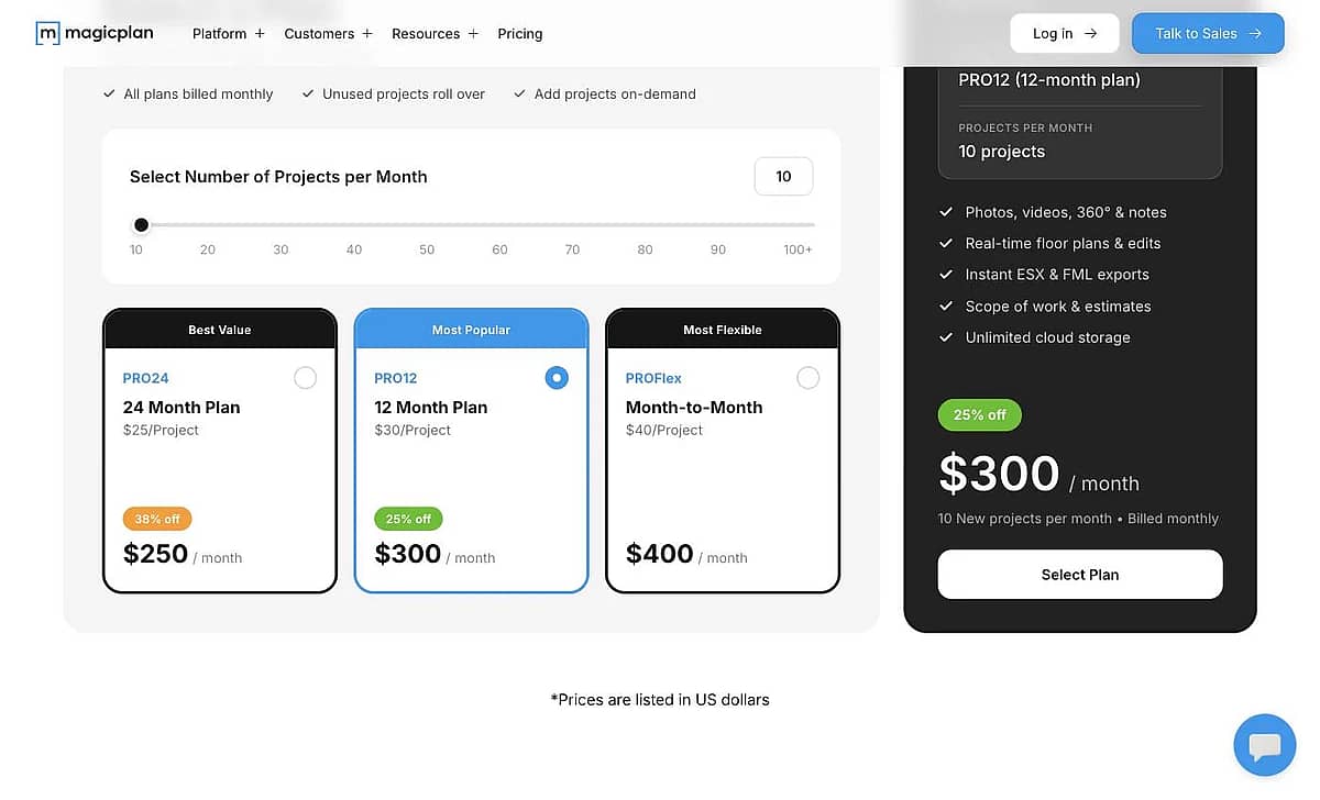 Magicplan pricing page showing PRO24, PRO12, and PROFlex plans with a ten project per month minimum