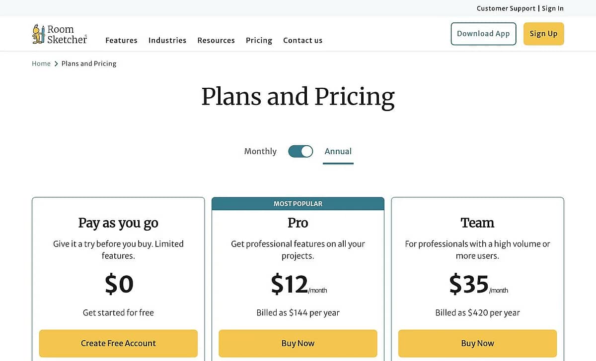 RoomSketcher pricing page showing Pro at $12 per month and Team at $35 per month with monthly credit allowances
