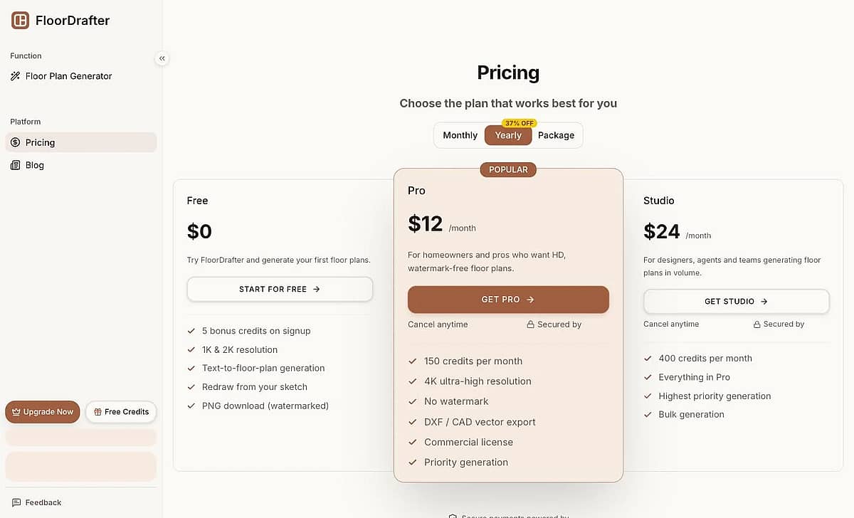 FloorDrafter pricing page showing Free, Pro at $12 per month and Studio at $24 per month