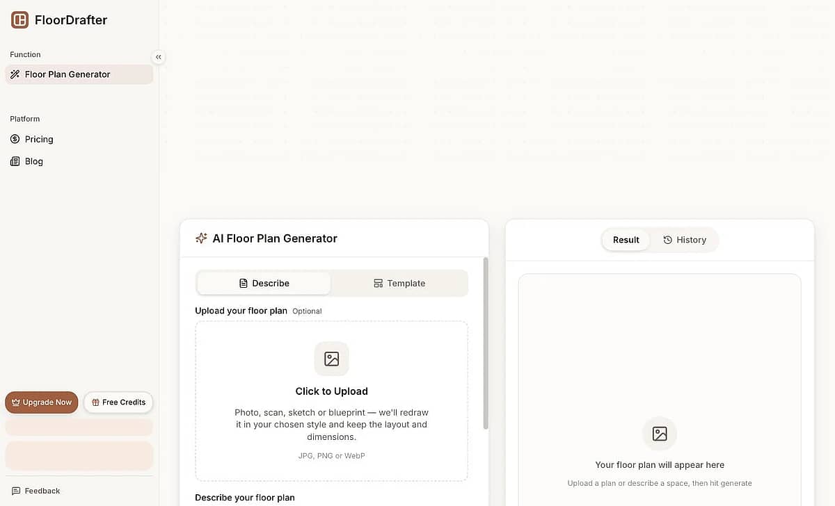 FloorDrafter homepage showing an AI floor plan generator that turns a text description or a sketch into a labeled floor plan