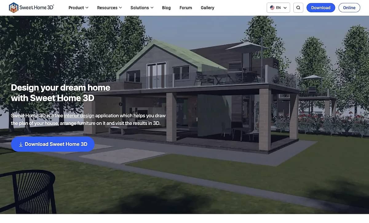 Sweet Home 3D website showing the free open-source interior design application