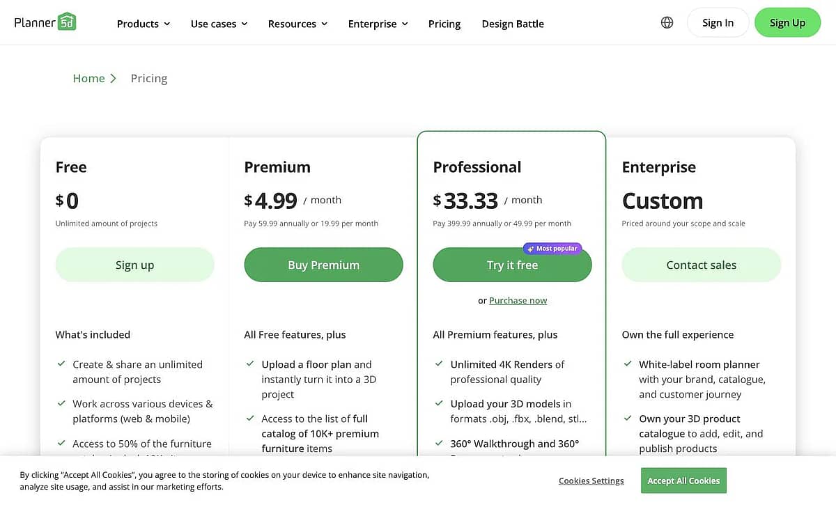 Planner 5D pricing page showing Free, Premium at $4.99 per month, and Professional at $33.33 per month