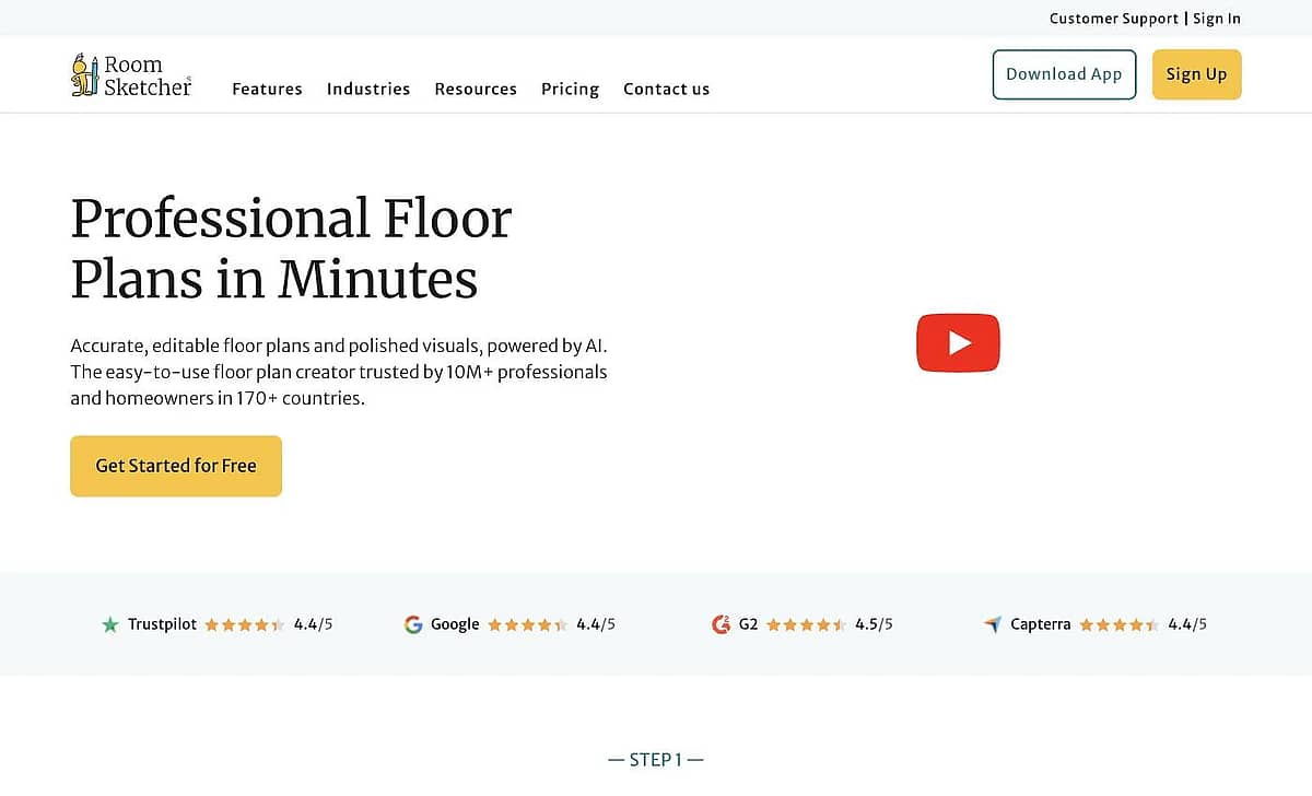 RoomSketcher homepage presenting its 2D and 3D floor plan product