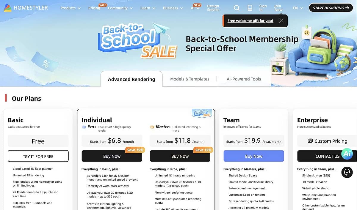 Homestyler pricing page showing Basic free, Pro+ from $6.80 per month, Master+ from $11.80 per month and Team at $19.90 per seat