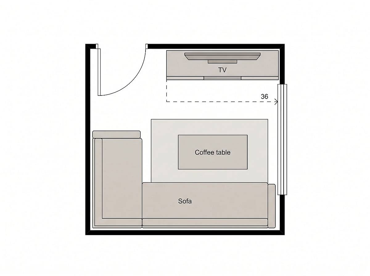 Floor plan of a small living room with an L-shaped sectional sofa in the bottom left corner, TV and console on the upper right wall, and a dashed 36-inch walking route across the top of the room