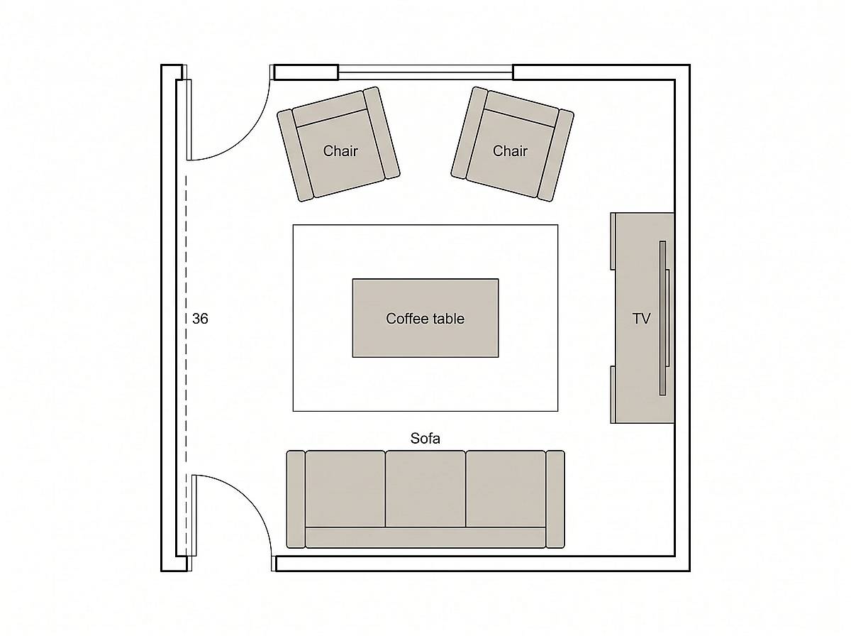 Floor plan of a small square living room with a sofa and two armchairs facing each other across a coffee table, the TV on the right side wall, and a dashed 36-inch route down the left side