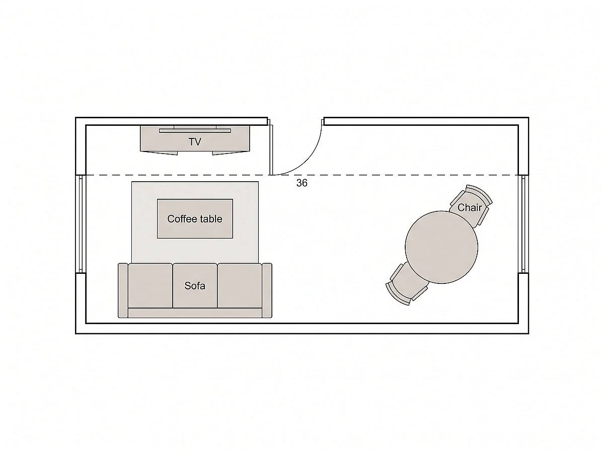 Floor plan of a long narrow living room split into a seating zone on the left with sofa TV and coffee table, and a dining zone on the right with a round table and chairs, joined by a dashed 36-inch route