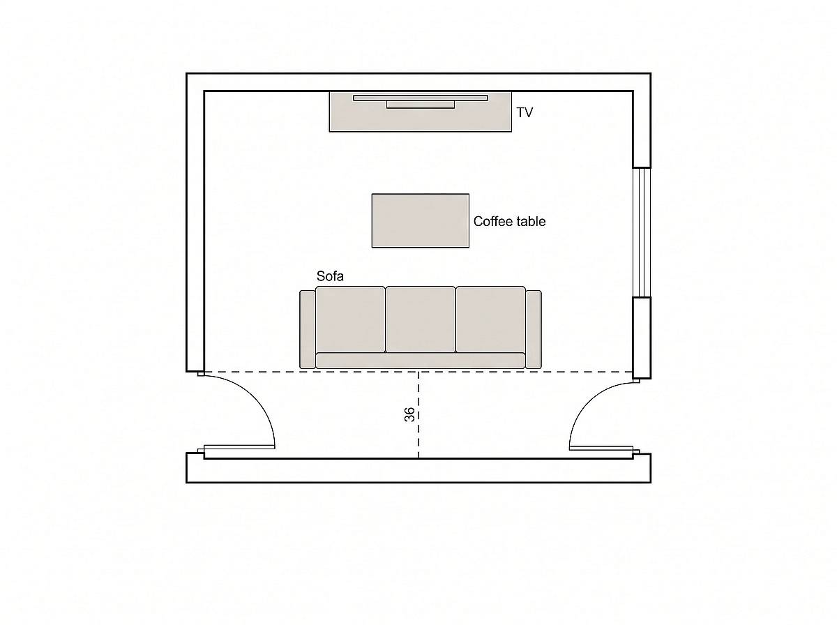 Floor plan of a small living room with the sofa floating away from the wall, doorways on the left and right, and a dashed walking route in the 36-inch corridor behind the sofa