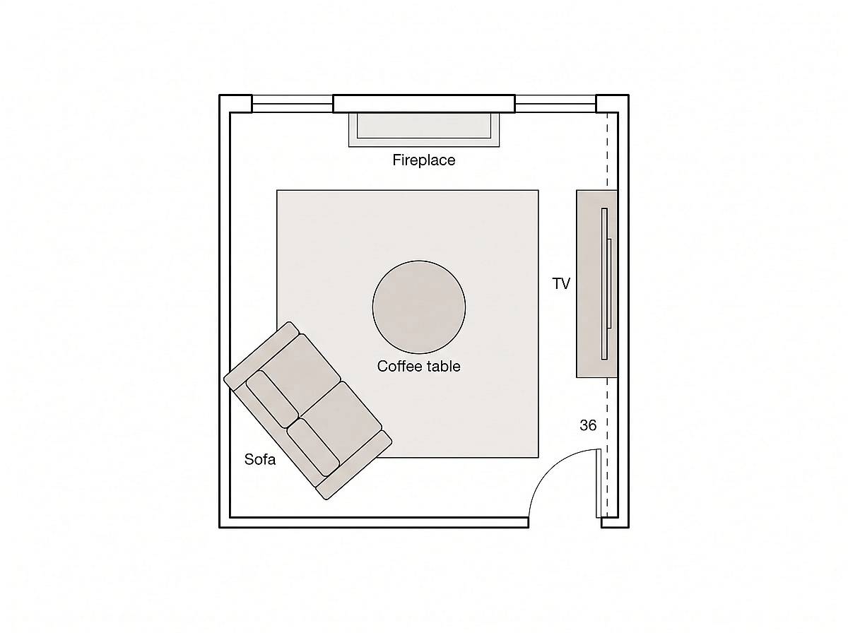 Floor plan of a small living room with a fireplace on the top wall, TV on the right side wall, and an angled sofa facing both, with a dashed 36-inch route up the right side