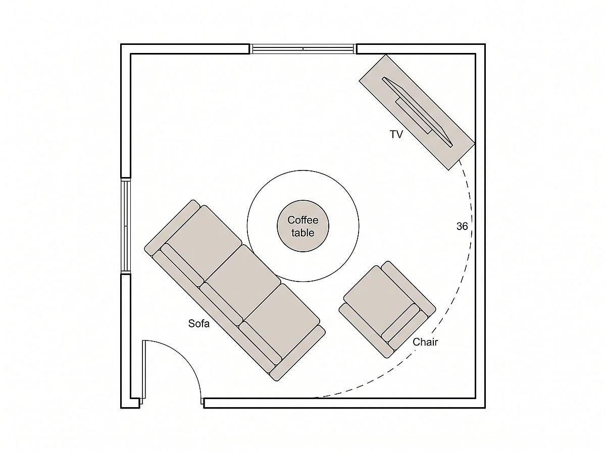 Floor plan of a small square living room with the TV set diagonally across the top right corner, sofa and armchair angled toward it, and a curved dashed walking route marked 36 inches