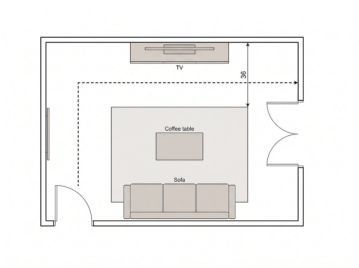 Floor plan of a small living room with the sofa against the bottom wall, TV and media console on the opposite wall, and a dashed walking route running across the bare floor between the console and the rug, marked 36 inches